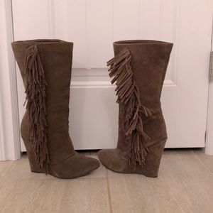 Mia leather brown fringe wedge boots